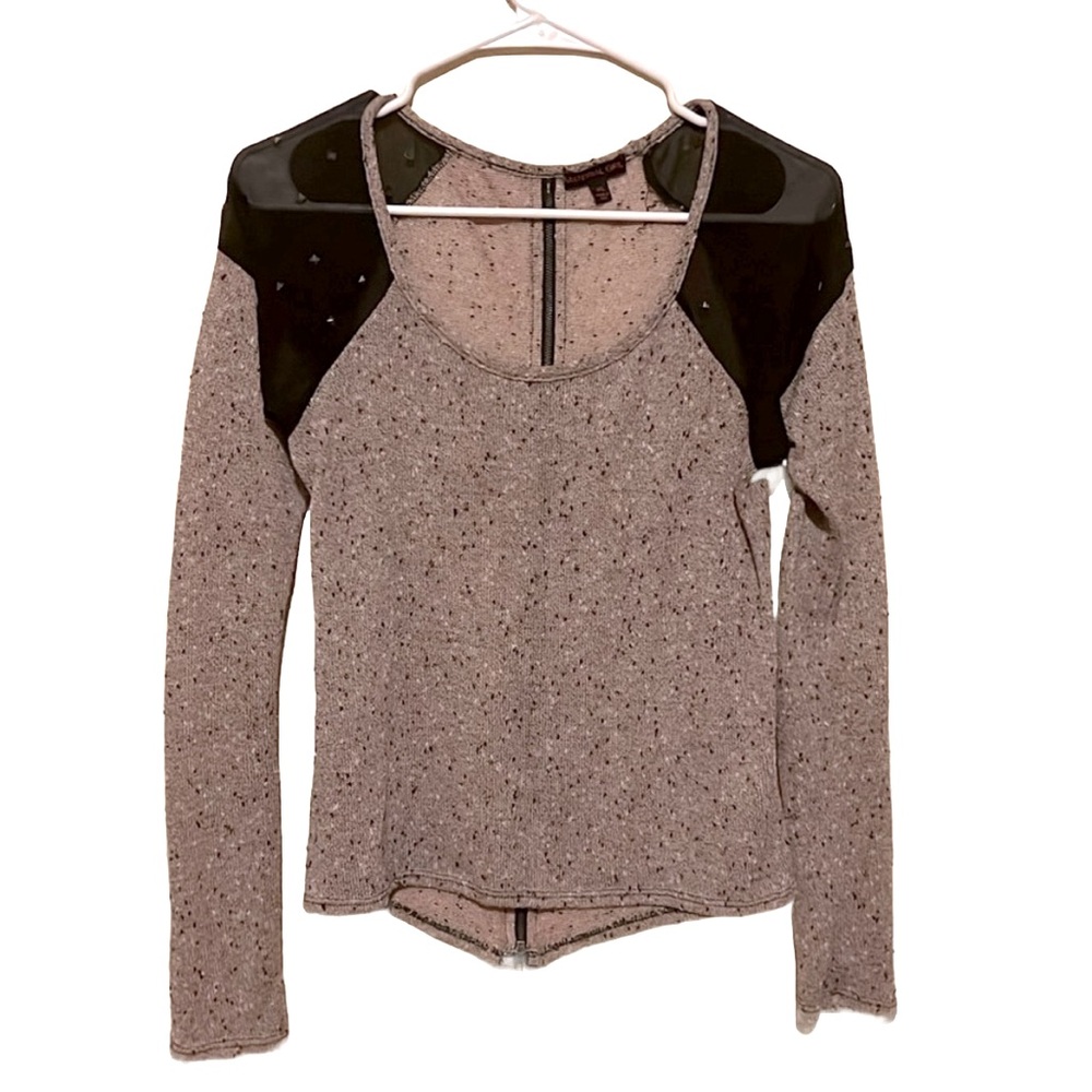 XS/S Women's Long Sleeve Round Neck Slim Fit Sheer Mesh Shoulder Beads Shirt Top